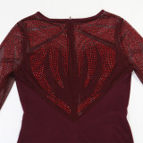 Spliced ​​see-through Polyester Mesh Long Dress with Rhinestones