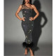 One-shoulder Mesh Rhinestone Feather Bandage Dress
