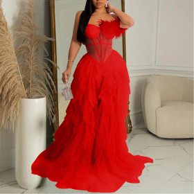 Solid Color Sleeveless Breast-wrapped Mesh Long Skirt Dress