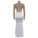 Solid Color Mesh Rhinestone Slit Long Skirt Dress