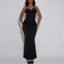 Slim Fit Fishtail Black Dress with Suspenders