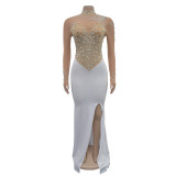 Solid Color Mesh Rhinestone Slit Long Skirt Dress