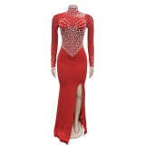 Solid Color Mesh Rhinestone Slit Long Skirt Dress