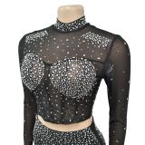 Solid Color Mesh Hot Rhinestoned Long-sleeved Trousers Two-piece Set