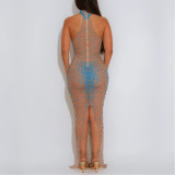 Sexy See-through Mesh Dress with Rhinestones and Slim Fit
