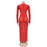 Solid Color Mesh Long-sleeved Long Skirt Dress