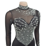 Solid Color Mesh Rhinestone Slit Long Skirt Dress