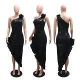 Off-shoulder Sequined Slit Pleated Lace Dress