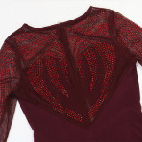 Spliced ​​see-through Polyester Mesh Long Dress with Rhinestones