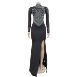 Solid Color Mesh Rhinestone Slit Long Skirt Dress