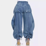 Loose Jeans with Elastic Waist and Drawstring Ties and Bow Tie