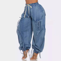 Loose Jeans with Elastic Waist and Drawstring Ties and Bow Tie