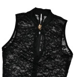 Hollow Lace Paneled Shirred Sleeveless See-through Jumpsuit
