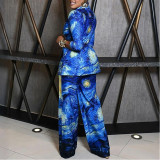 Casual Wide-leg Trousers and Loose Buttoned Lace-up Top Printed Suit