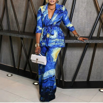 Casual Wide-leg Trousers and Loose Buttoned Lace-up Top Printed Suit