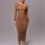 Long-sleeved Mesh Paneled Off-shoulder Mid-length Elegant Pleated Dress