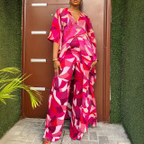 Rose Red Contrasting Color Block Print Long Loose Dolman Sleeve Blouse Suit