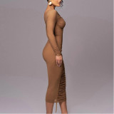 Long-sleeved Mesh Paneled Off-shoulder Mid-length Elegant Pleated Dress