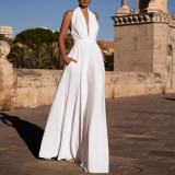 White Backless Halter Neck Wedding Banquet Evening Dress