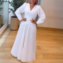 Solid Color V-neck Puff Sleeves Pleated Corset Waistband Commuting Casual Dress