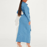 Denim Trench Coat Autumn and Winter Lapel Strap Long Dress