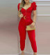 Red V-neck Casual One-piece Suit