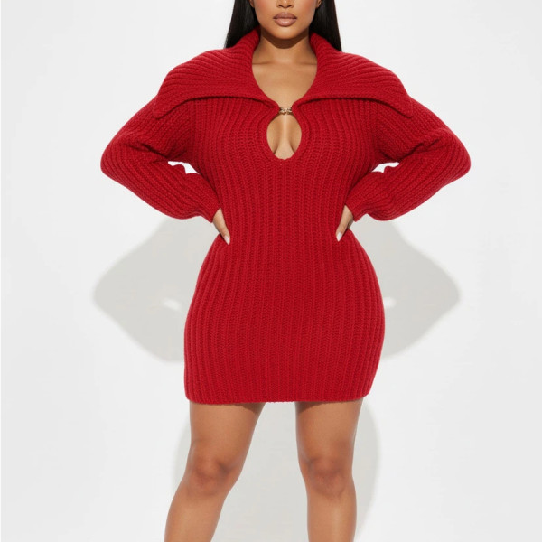Large Lapel Slim Fit Stretch Lantern Sleeve Sweater Dress