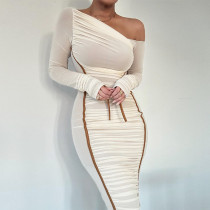Long-sleeved Mesh Paneled Off-shoulder Mid-length Elegant Pleated Dress