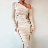 Long-sleeved Mesh Paneled Off-shoulder Mid-length Elegant Pleated Dress