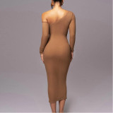 Long-sleeved Mesh Paneled Off-shoulder Mid-length Elegant Pleated Dress