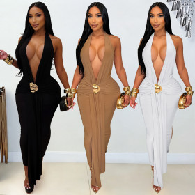 Halterneck Deep V-neck Sexy Slit Pleated Backless Dress