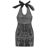 Deep V bust-revealing halter neck strap tight hip-hugging rhinestone backless skirt