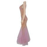 Pink See-through Mesh Diamond Sleeveless Slim Fit Banquet Party Dress