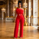 Mesh Slanted Shoulders High-waisted Wide-leg Pants Crescent Button Banquet Style Jumpsuit
