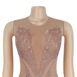 Pink See-through Mesh Diamond Sleeveless Slim Fit Banquet Party Dress