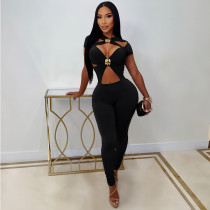 Hollow short-sleeved slim-fitting hip-hugging bodysuit