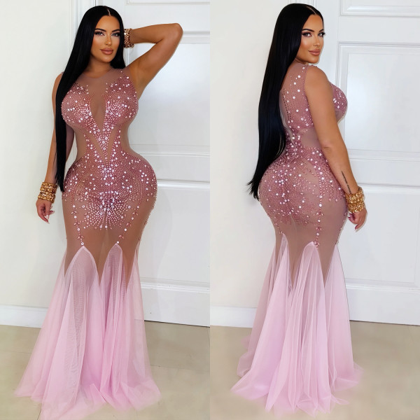 Pink See-through Mesh Diamond Sleeveless Slim Fit Banquet Party Dress