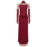 Strapless Elegant Stacked Collar Pleated Waist Fishtail Dress