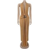 Halterneck Deep V-neck Sexy Slit Pleated Backless Dress