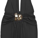 Halterneck Deep V-neck Sexy Slit Pleated Backless Dress