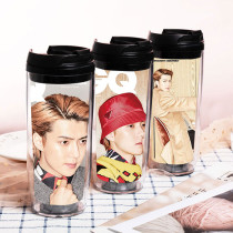 Kpop EXO-SC GQ8 Water Cup Double-layer Plastic Curve Cup Accompanying Cup Straw Cup Park Chanyeol Sehun