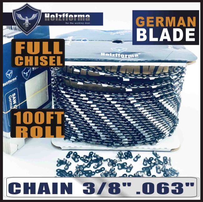 Holzfforma® 100FT Roll 3/8” .063'' Full Chisel Saw Chain With 40 Sets Matched Connecting links and 25 Boxes