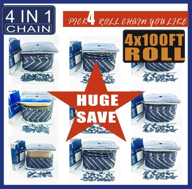 4X100FT Roll Chain Bulk Order 4IN1 SAWCHAIN PICK FOUR 100FT Roll Holzfforma Full Or Semi Chisel Chains 3/8  Pitch,.325  Pitch, 3/8 LP Pitch,.404  Pitch
