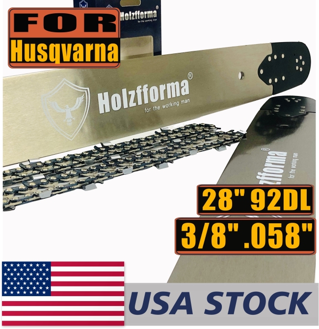 US STOCK - Holzfforma® Pro 28 Inch 3/8 .058 92DL Bar & Full Chisel Chain Combo For Husqvarna 61 66 262 xp 266 268 272 xp 281 288 362 365 372 xp 385 390 394 395 480 562 570 575 2-4 Days Delivery Time Fast Shipping For US Customers Only