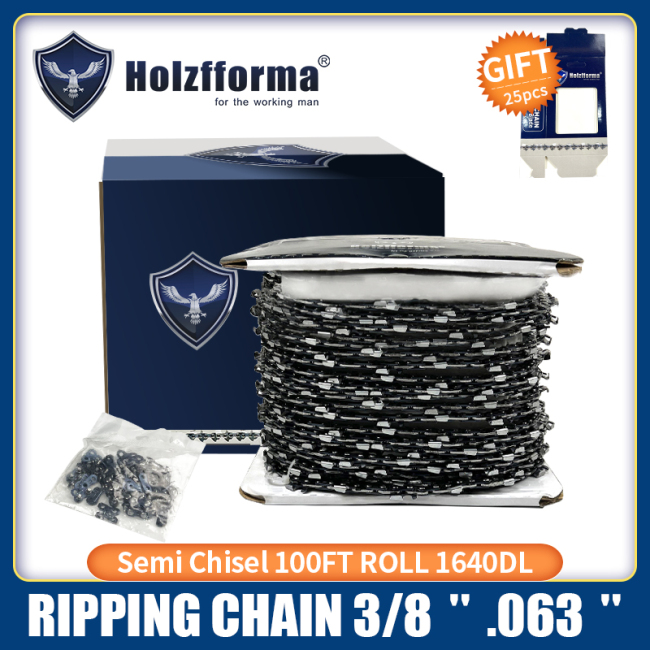 Holzfforma® 100FT Roll 3/8”  .063'' Semi Chisel Ripping Saw Chain With 40 Sets Matched Connecting links and 25 Boxes