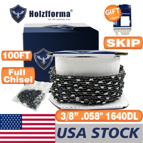 US STOCK - Holzfforma® 100FT Roll 3/8”  .058'' Full Chisel Skip Saw Chain With 40 Sets Matched Connecting links and 25 Boxes 2-4 Days Delivery Time Fast Shipping For US Customers Only