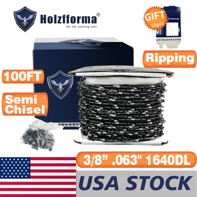 US STOCK - Holzfforma® 100FT Roll 3/8”  .063'' Semi Chisel Ripping Saw Chain With 40 Sets Matched Connecting links and 25 Boxes 2-4 Days Delivery Time Fast Shipping For US Customers Only