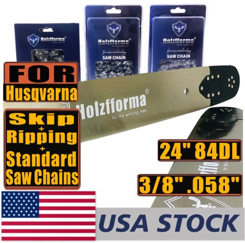 US STOCK -  Holzfforma® Pro 24inch 3/8 .058 84DL Solid Guide Bar & Standard Chain & Ripping Chain & Skip Chain Combo For Husqvarna 61 66 266 268 272 281 288 365 372 385 390 394 395 480 562 570 575 Chainsaw 2-4 Days Delivery Time Fast Shipping For US Customers Only