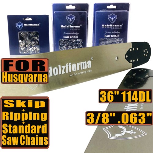 Holzfforma® Pro 36 Inch 3/8 .063 114DL Solid Bar & Full Chisel Standard Chain & Semi Chisel Ripping Chain & Full Chisell Skip Chain Combo For For Husqvarna 61 66 262 xp 266 268 272 xp 281 288 362 365 372 xp 385 390 394 395 480 562 570 575 3120 XP Chainsaw