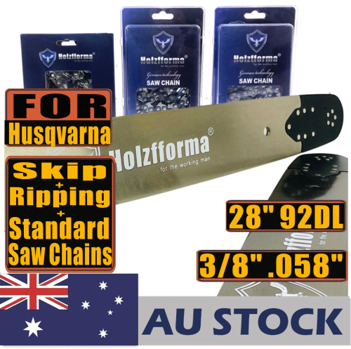 AU STOCK only to AU ADDRESS -  Holzfforma® Pro 28inch 3/8 .058 92DL Solid Guide Bar & Standard Chain & Ripping Chain & Skip Chain Combo For Husqvarna 61 66 266 268 272 281 288 365 372 385 390 394 395 480 562 570 575 Chainsaw 2-4 Days Delivery Time Fast Shipping For AU Customers Only